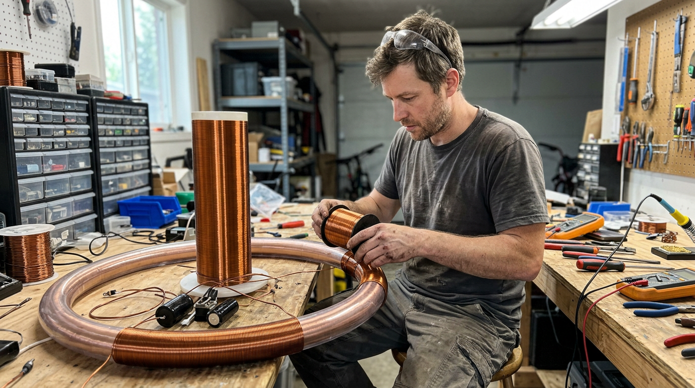 Firefly_Gemini Flash_ugc of a 35-year-old man building a Tesla coil loop device 16-9 image with no text 488423